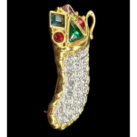 VTG Swarovski Crystal Christmas Stocking Pin Brooch Holiday Gold Tone Gems 1.5" - Picture 4 of 13
